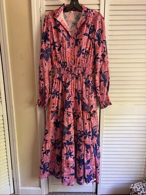Karlie Pink, Blue, Orange Floral Long Sleeve Tiered Maxi Dress